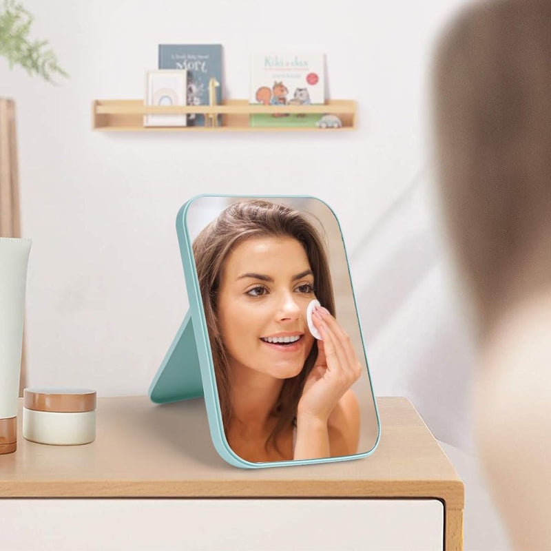 OSDUE 20*13.4cm Makeup Mirror, Foldable Desktop Vanity Mirror Portable Rectangular Makeup Travel Mirror with Stand, Desktop Vanity Mirror for Office Desk,Vanity Table, Travel, Camping (Large - Beige)