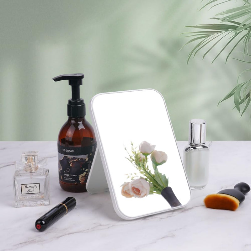 OSDUE 20*13.4cm Makeup Mirror, Foldable Desktop Vanity Mirror Portable Rectangular Makeup Travel Mirror with Stand, Desktop Vanity Mirror for Office Desk,Vanity Table, Travel, Camping (Large - Beige)