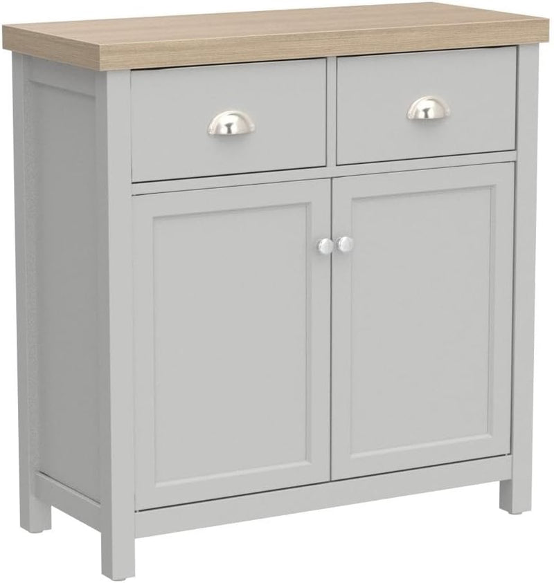 Home Source 2 Door 2 Drawer Sideboard Storage Cupboard with Shelf and Metal Handles, Oak Effect, Grey