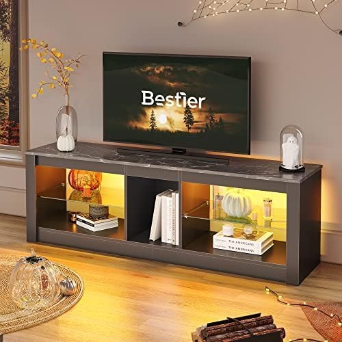Bestier TV Stand Cabinet 140CM Entertainment Center Led Tv Stand Modern TV Unit with Glass Shelf RGB LED Lighted for 55 inch TVs with Ambient Lights for Living Room Bedroom (Rustic Brown)