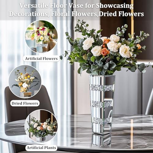 Tall Floor Vase Crushed Diamond : 71.5cm Silver Crystal Mirrored Flower Vase Tall for Large Dried Flowers, Pampas Grass - Modern Luxury Standing Flower Vases Decor for Living Room & Corners