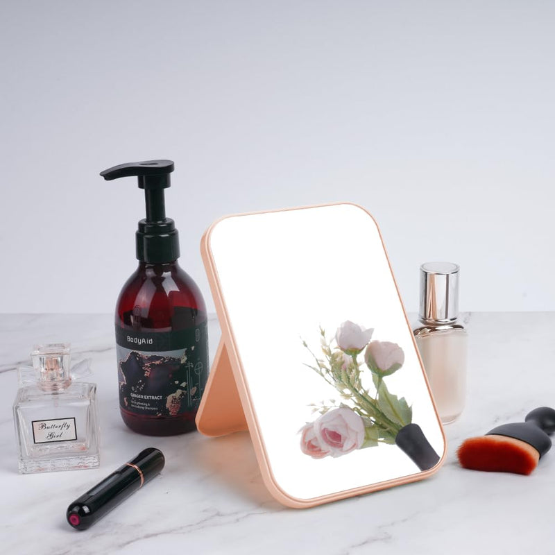 OSDUE 20*13.4cm Makeup Mirror, Foldable Desktop Vanity Mirror Portable Rectangular Makeup Travel Mirror with Stand, Desktop Vanity Mirror for Office Desk,Vanity Table, Travel, Camping (Large - Beige)