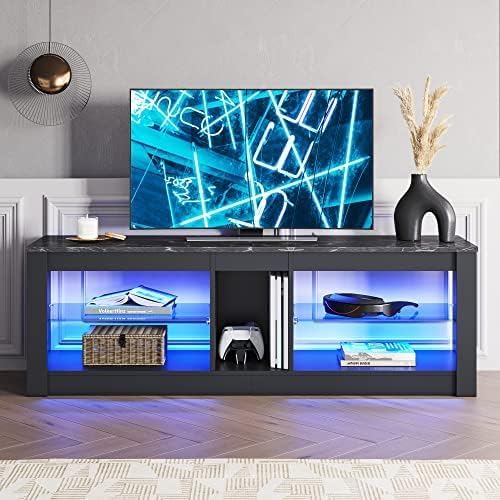 Bestier TV Stand Cabinet 140CM Entertainment Center Led Tv Stand Modern TV Unit with Glass Shelf RGB LED Lighted for 55 inch TVs with Ambient Lights for Living Room Bedroom (Rustic Brown)