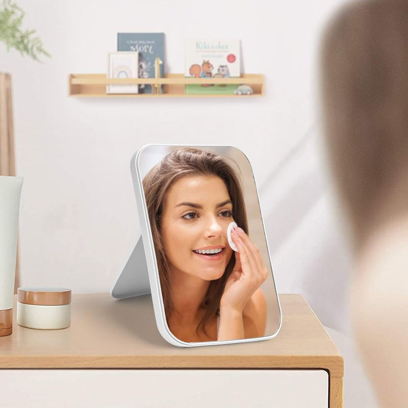 OSDUE 20*13.4cm Makeup Mirror, Foldable Desktop Vanity Mirror Portable Rectangular Makeup Travel Mirror with Stand, Desktop Vanity Mirror for Office Desk,Vanity Table, Travel, Camping (Large - Beige)