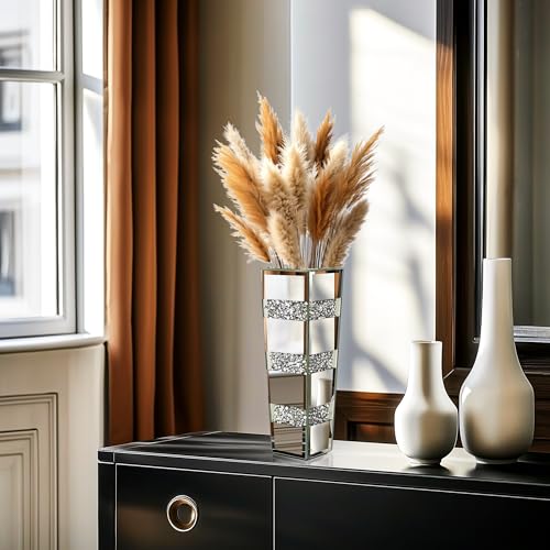 Tall Floor Vase Crushed Diamond : 71.5cm Silver Crystal Mirrored Flower Vase Tall for Large Dried Flowers, Pampas Grass - Modern Luxury Standing Flower Vases Decor for Living Room & Corners