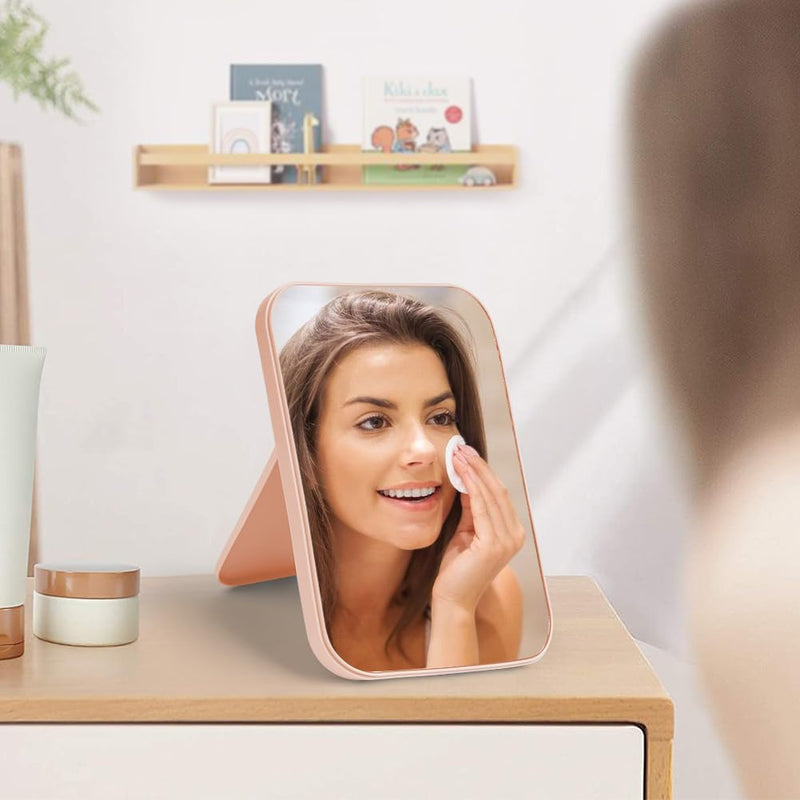 OSDUE 20*13.4cm Makeup Mirror, Foldable Desktop Vanity Mirror Portable Rectangular Makeup Travel Mirror with Stand, Desktop Vanity Mirror for Office Desk,Vanity Table, Travel, Camping (Large - Beige)