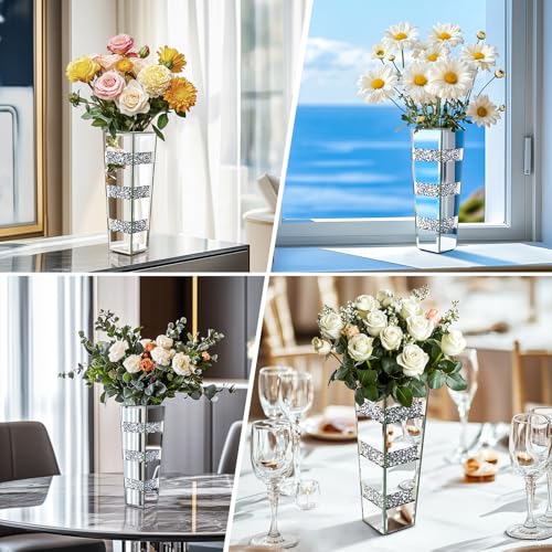 Tall Floor Vase Crushed Diamond : 71.5cm Silver Crystal Mirrored Flower Vase Tall for Large Dried Flowers, Pampas Grass - Modern Luxury Standing Flower Vases Decor for Living Room & Corners