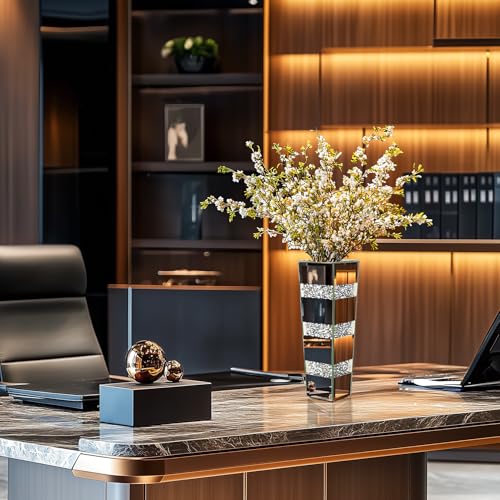 Tall Floor Vase Crushed Diamond : 71.5cm Silver Crystal Mirrored Flower Vase Tall for Large Dried Flowers, Pampas Grass - Modern Luxury Standing Flower Vases Decor for Living Room & Corners