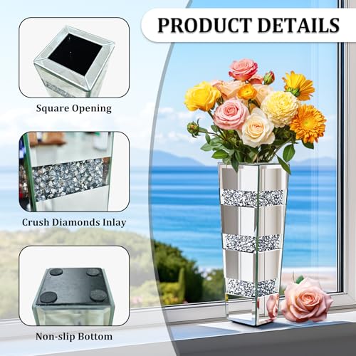 Tall Floor Vase Crushed Diamond : 71.5cm Silver Crystal Mirrored Flower Vase Tall for Large Dried Flowers, Pampas Grass - Modern Luxury Standing Flower Vases Decor for Living Room & Corners