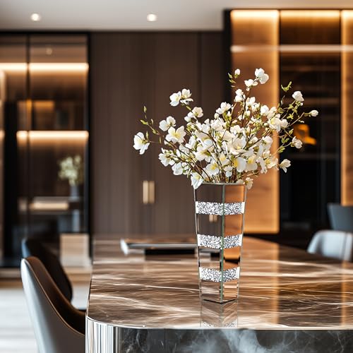 Tall Floor Vase Crushed Diamond : 71.5cm Silver Crystal Mirrored Flower Vase Tall for Large Dried Flowers, Pampas Grass - Modern Luxury Standing Flower Vases Decor for Living Room & Corners