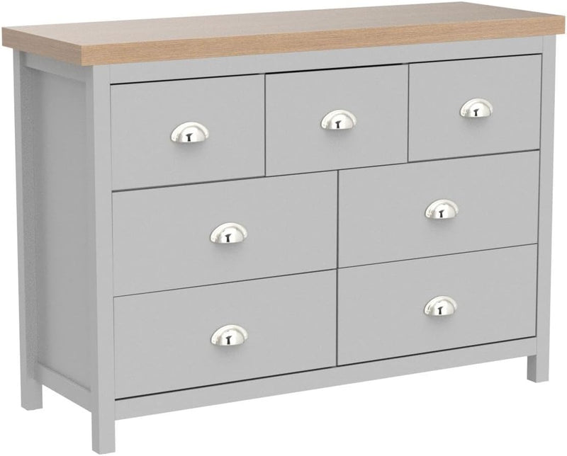Home Source Wide Chest of Drawers Clothing Storage Unit, 7 Drawers, Grey, Sonoma Oak Effect