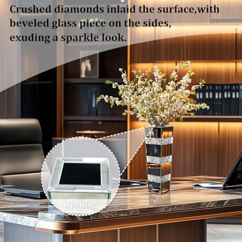 Tall Floor Vase Crushed Diamond : 71.5cm Silver Crystal Mirrored Flower Vase Tall for Large Dried Flowers, Pampas Grass - Modern Luxury Standing Flower Vases Decor for Living Room & Corners