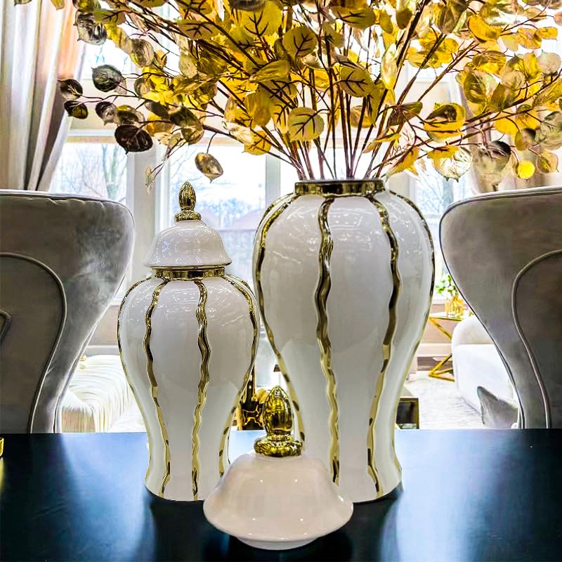 Ginger Jar, White Gold Ceramic Vase Large Handmade Porcelain Vases with Lid, White Gold Decorative Flower Vase for Home, Living Room, Weddings, Centerpieces (36cm)