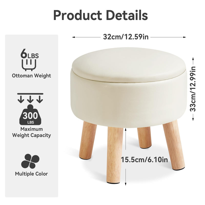 IBUYKE 13 Inch Small Footstool Ottoman with Storage, Round Pouffe Foot Rest with Padded Seat and Wood Legs, Teddy Velvet Mini Footstool for Living Room Couch Bedroom Entryway, Pink WBD006P