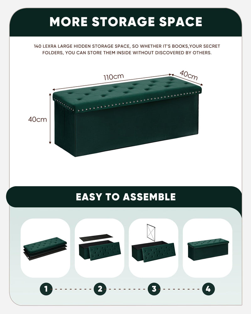 Bonlife Velvet Ottoman with Storage, Extra Large Storage Boxes with Lids, Folding Ottoman Bench Seat, Footstool for Living Room,110X40X40cm