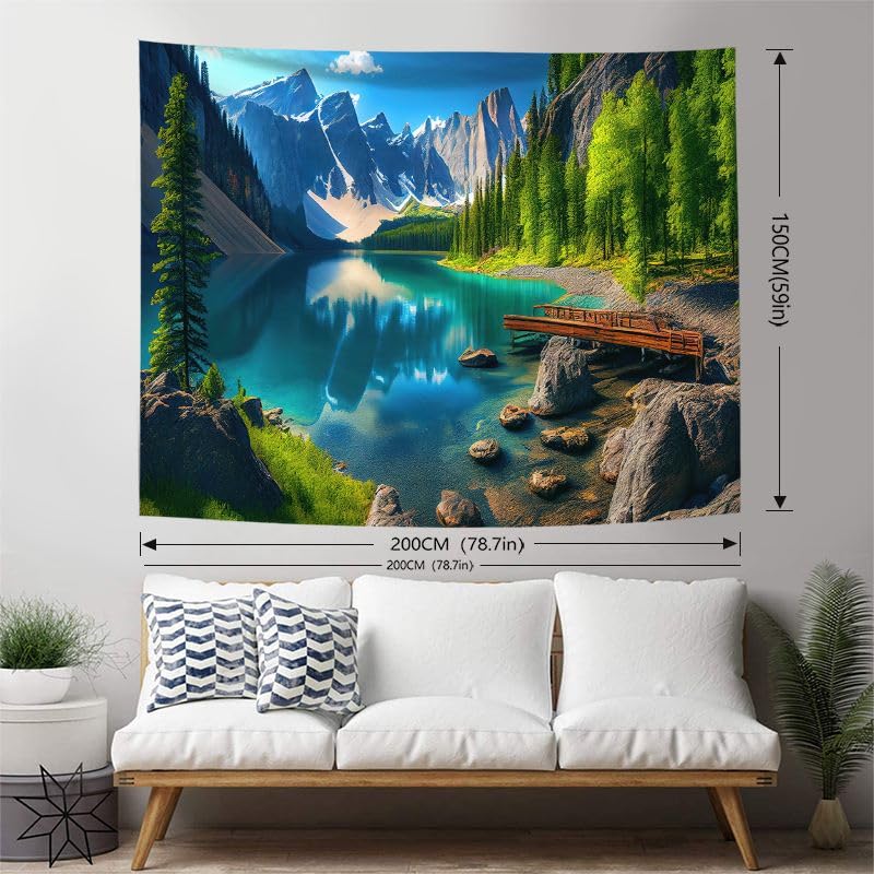 FENDROM Nature Flora Tapestry King Size background, Blue Sky White Cloud Village Small Town by European Pastoral Scenery, Wall Hanging for Bedroom Living room