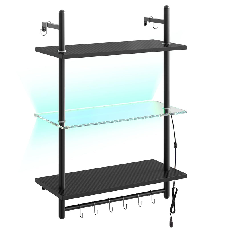 Bestier 3 Tier Floating Pipe Shelving 105.5CM Industrial Wall Mounted Ladder Shelf Hanging with Circular Tube with Hooks Wood Display Storage Home Decor Book Shelves