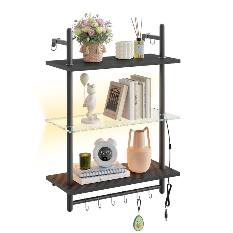 Bestier 3 Tier Floating Pipe Shelving 105.5CM Industrial Wall Mounted Ladder Shelf Hanging with Circular Tube with Hooks Wood Display Storage Home Decor Book Shelves