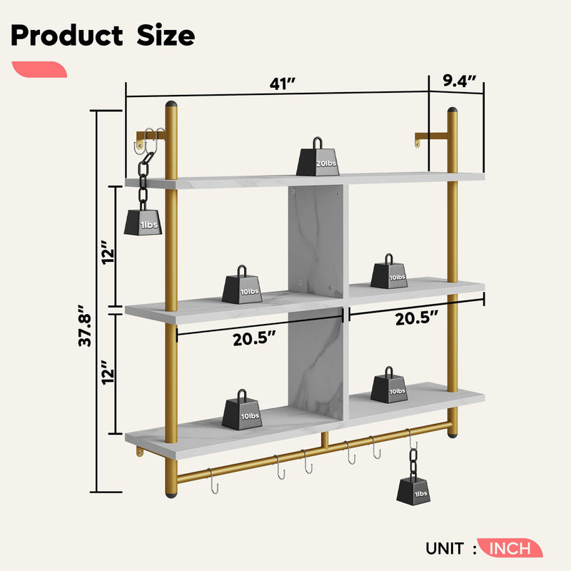 Bestier 3 Tier Floating Pipe Shelving 105.5CM Industrial Wall Mounted Ladder Shelf Hanging with Circular Tube with Hooks Wood Display Storage Home Decor Book Shelves
