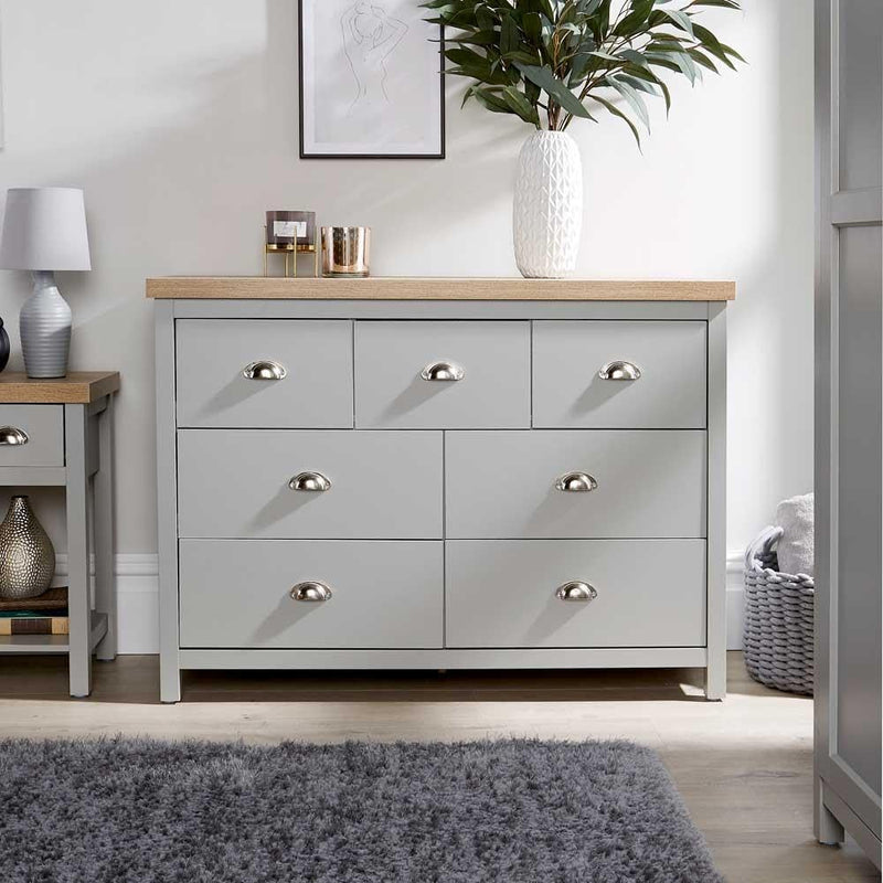 Home Source Wide Chest of Drawers Clothing Storage Unit, 7 Drawers, Grey, Sonoma Oak Effect