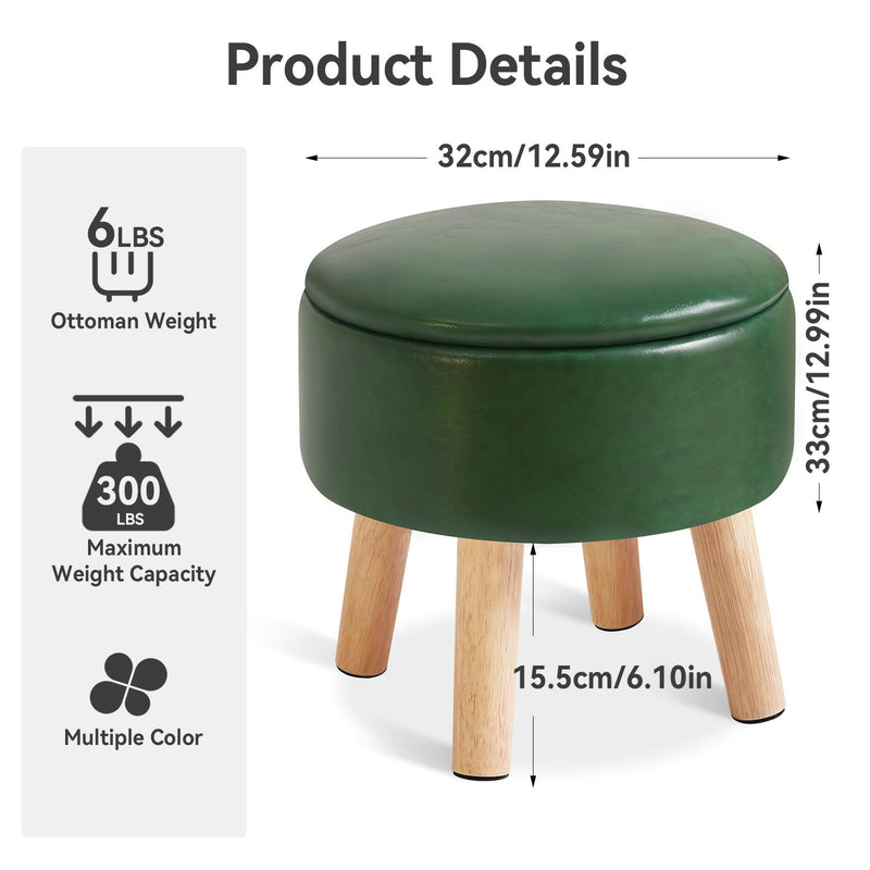 IBUYKE 13 Inch Small Footstool Ottoman with Storage, Round Pouffe Foot Rest with Padded Seat and Wood Legs, Teddy Velvet Mini Footstool for Living Room Couch Bedroom Entryway, Pink WBD006P