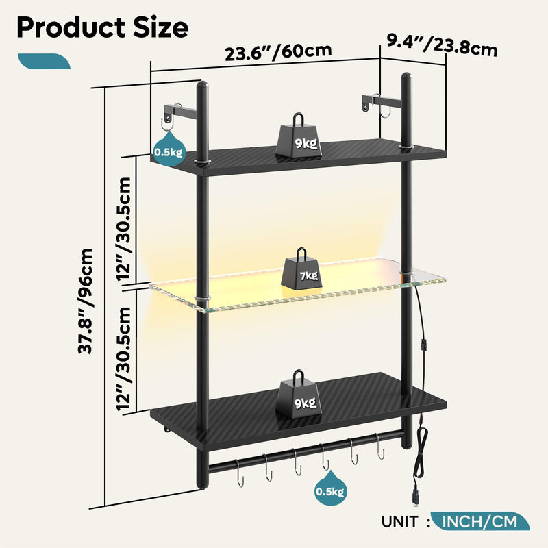 Bestier 3 Tier Floating Pipe Shelving 105.5CM Industrial Wall Mounted Ladder Shelf Hanging with Circular Tube with Hooks Wood Display Storage Home Decor Book Shelves