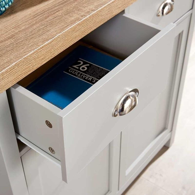 Home Source 2 Door 2 Drawer Sideboard Storage Cupboard with Shelf and Metal Handles, Oak Effect, Grey
