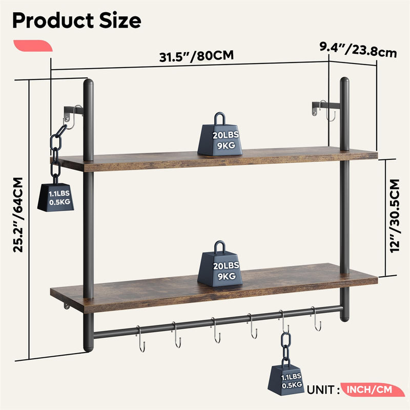 Bestier 3 Tier Floating Pipe Shelving 105.5CM Industrial Wall Mounted Ladder Shelf Hanging with Circular Tube with Hooks Wood Display Storage Home Decor Book Shelves