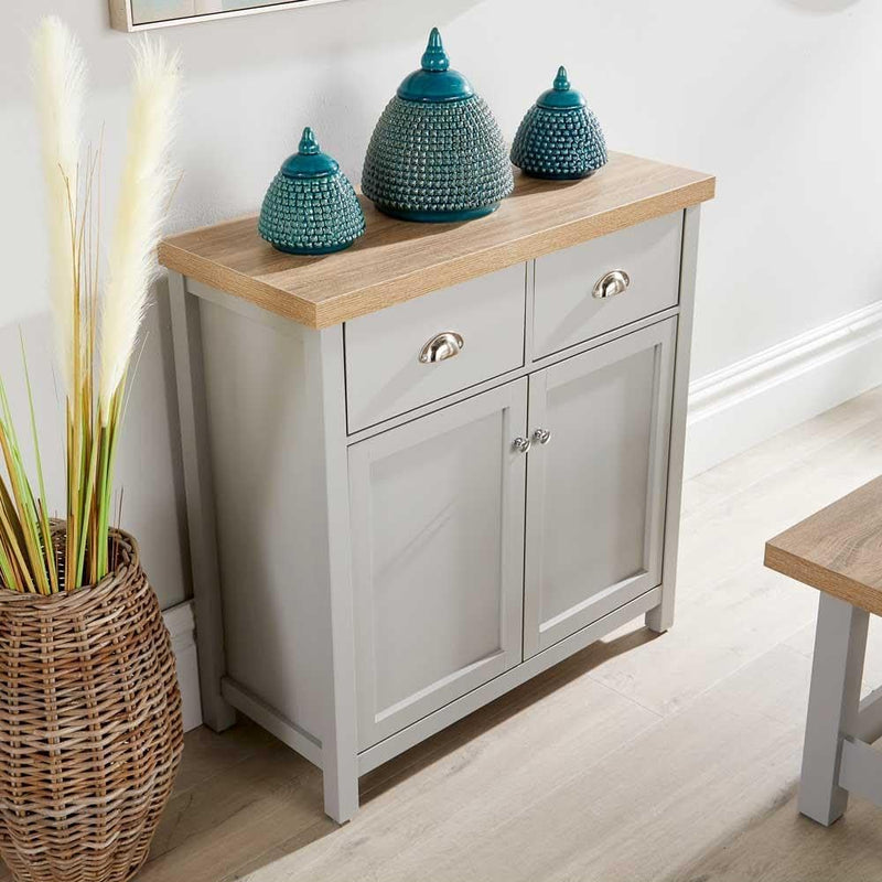 Home Source 2 Door 2 Drawer Sideboard Storage Cupboard with Shelf and Metal Handles, Oak Effect, Grey
