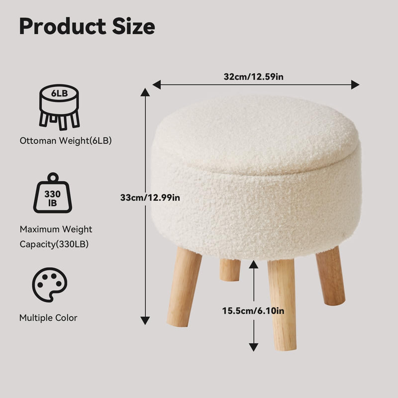 IBUYKE 13 Inch Small Footstool Ottoman with Storage, Round Pouffe Foot Rest with Padded Seat and Wood Legs, Teddy Velvet Mini Footstool for Living Room Couch Bedroom Entryway, Pink WBD006P