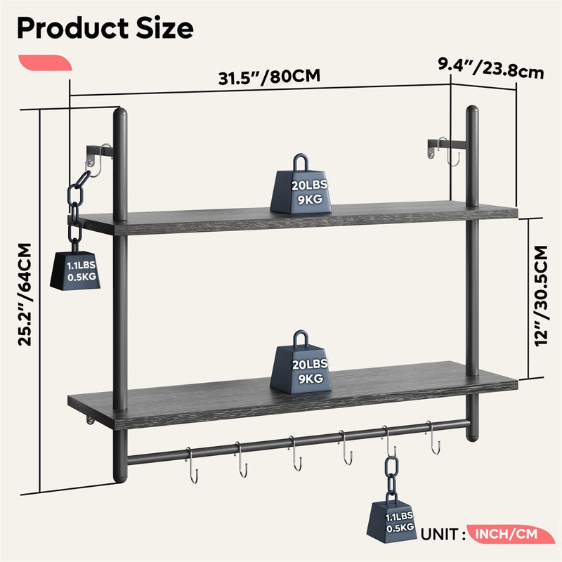Bestier 3 Tier Floating Pipe Shelving 105.5CM Industrial Wall Mounted Ladder Shelf Hanging with Circular Tube with Hooks Wood Display Storage Home Decor Book Shelves