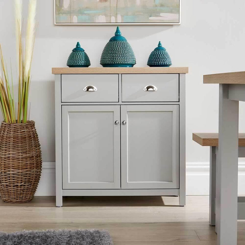 Home Source 2 Door 2 Drawer Sideboard Storage Cupboard with Shelf and Metal Handles, Oak Effect, Grey
