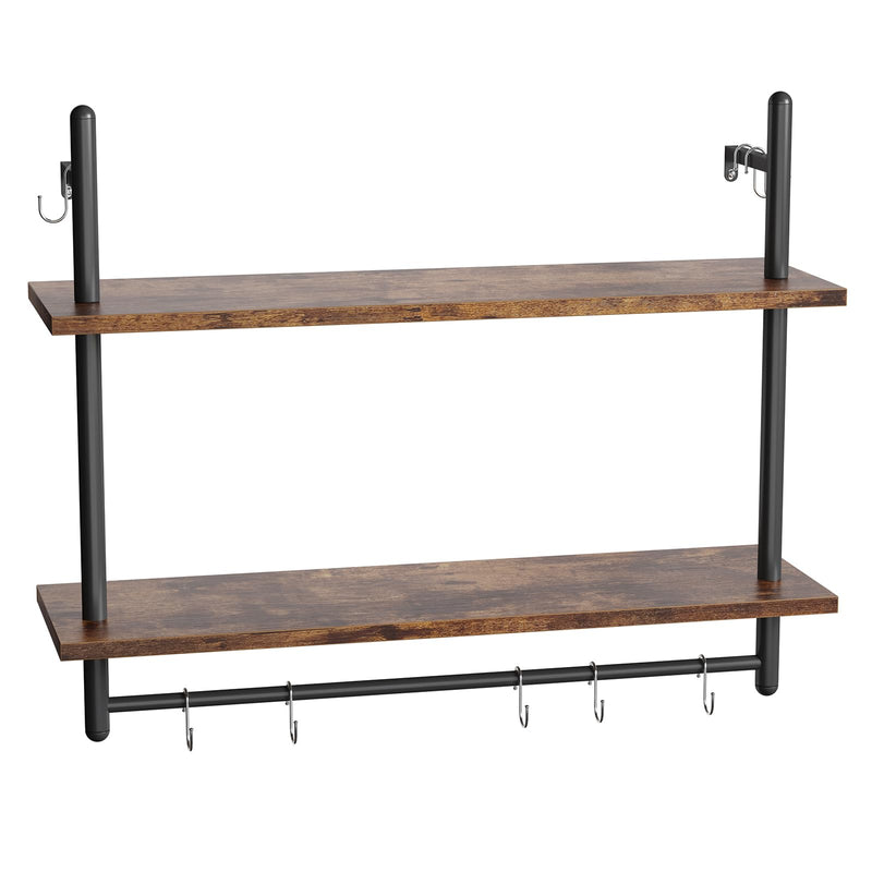 Bestier 3 Tier Floating Pipe Shelving 105.5CM Industrial Wall Mounted Ladder Shelf Hanging with Circular Tube with Hooks Wood Display Storage Home Decor Book Shelves