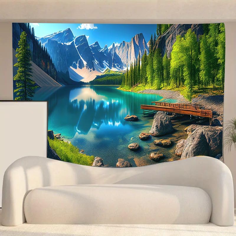 FENDROM Nature Flora Tapestry King Size background, Blue Sky White Cloud Village Small Town by European Pastoral Scenery, Wall Hanging for Bedroom Living room