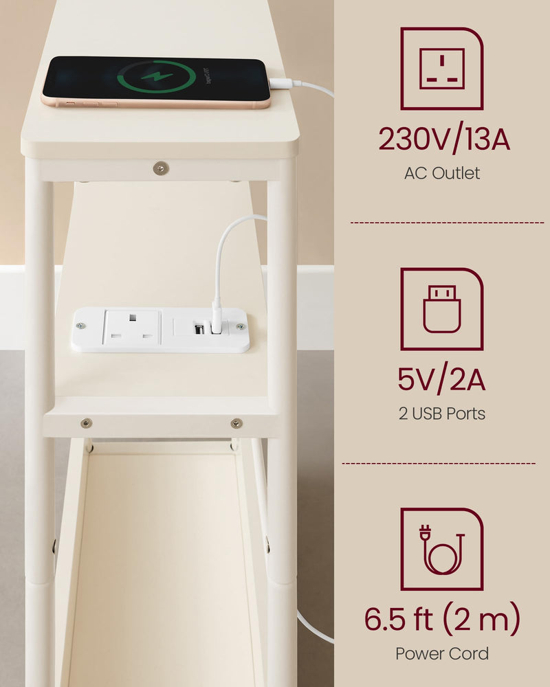 VASAGLE Slim Side Table with Charging Station, 3-Tier Narrow Bedside Table, End Table for Small Spaces, Magazine Rack, for Living Room, Bedroom, Study, Rustic Brown and Ink Black LET335K03