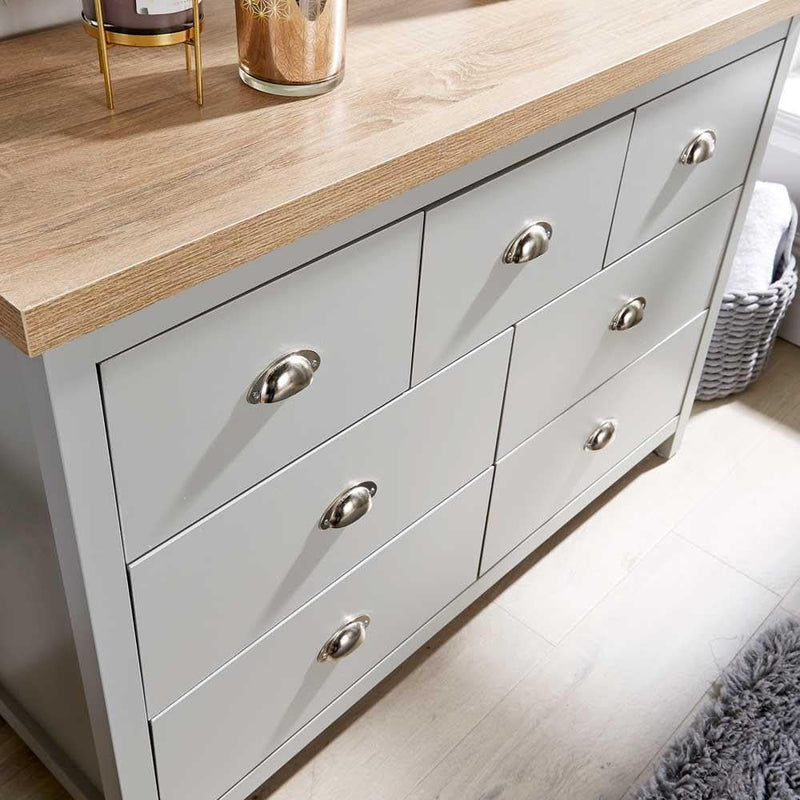 Home Source Wide Chest of Drawers Clothing Storage Unit, 7 Drawers, Grey, Sonoma Oak Effect