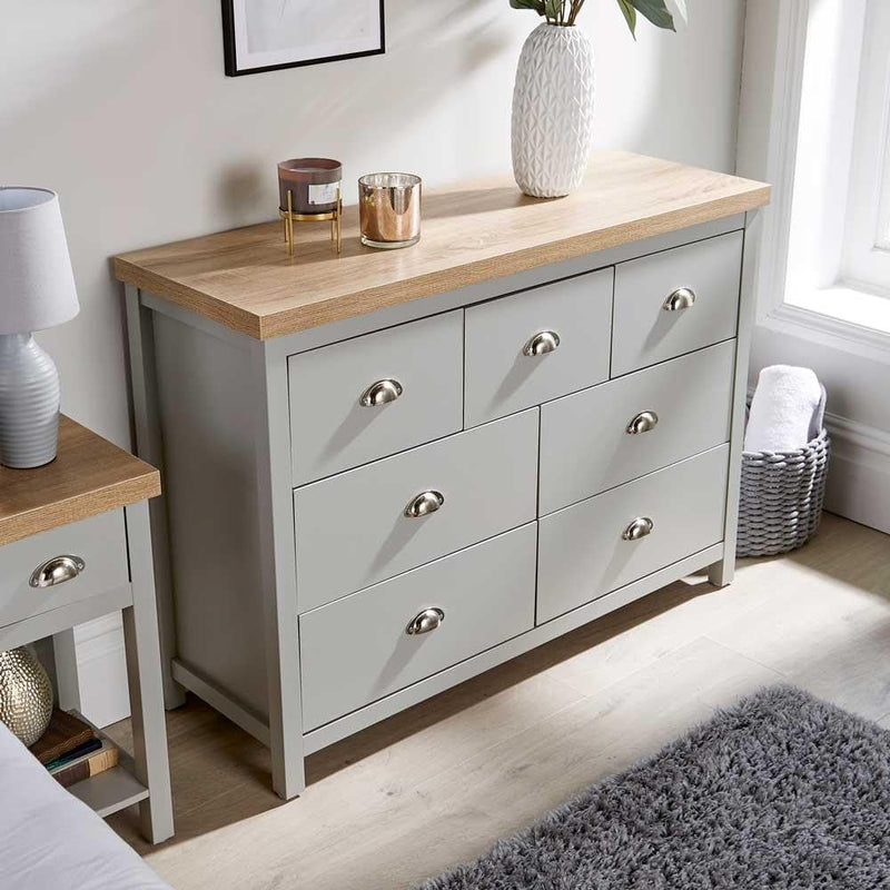 Home Source Wide Chest of Drawers Clothing Storage Unit, 7 Drawers, Grey, Sonoma Oak Effect