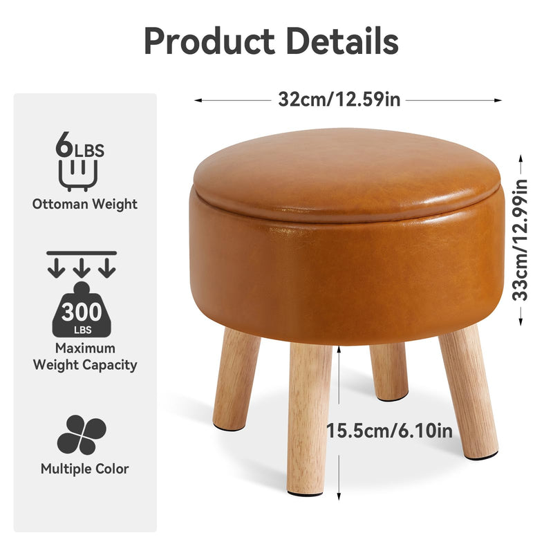 IBUYKE 13 Inch Small Footstool Ottoman with Storage, Round Pouffe Foot Rest with Padded Seat and Wood Legs, Teddy Velvet Mini Footstool for Living Room Couch Bedroom Entryway, Pink WBD006P