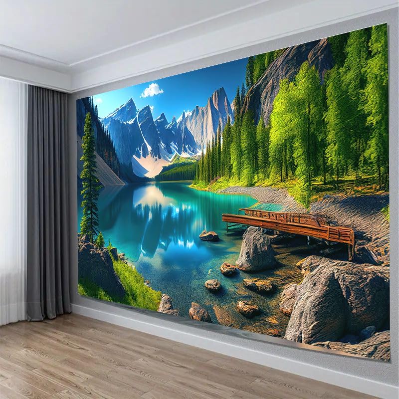 FENDROM Nature Flora Tapestry King Size background, Blue Sky White Cloud Village Small Town by European Pastoral Scenery, Wall Hanging for Bedroom Living room