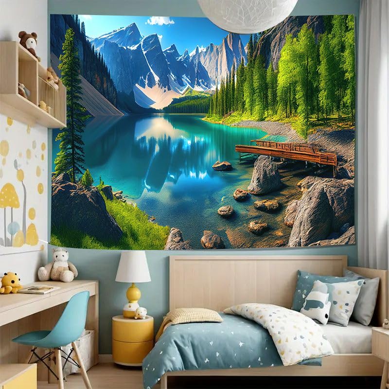 FENDROM Nature Flora Tapestry King Size background, Blue Sky White Cloud Village Small Town by European Pastoral Scenery, Wall Hanging for Bedroom Living room