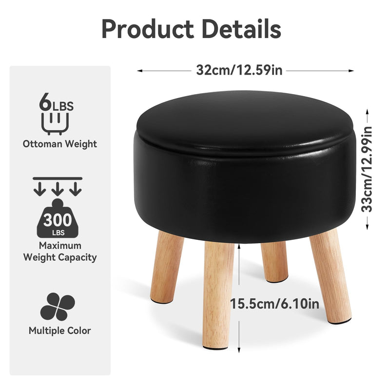 IBUYKE 13 Inch Small Footstool Ottoman with Storage, Round Pouffe Foot Rest with Padded Seat and Wood Legs, Teddy Velvet Mini Footstool for Living Room Couch Bedroom Entryway, Pink WBD006P