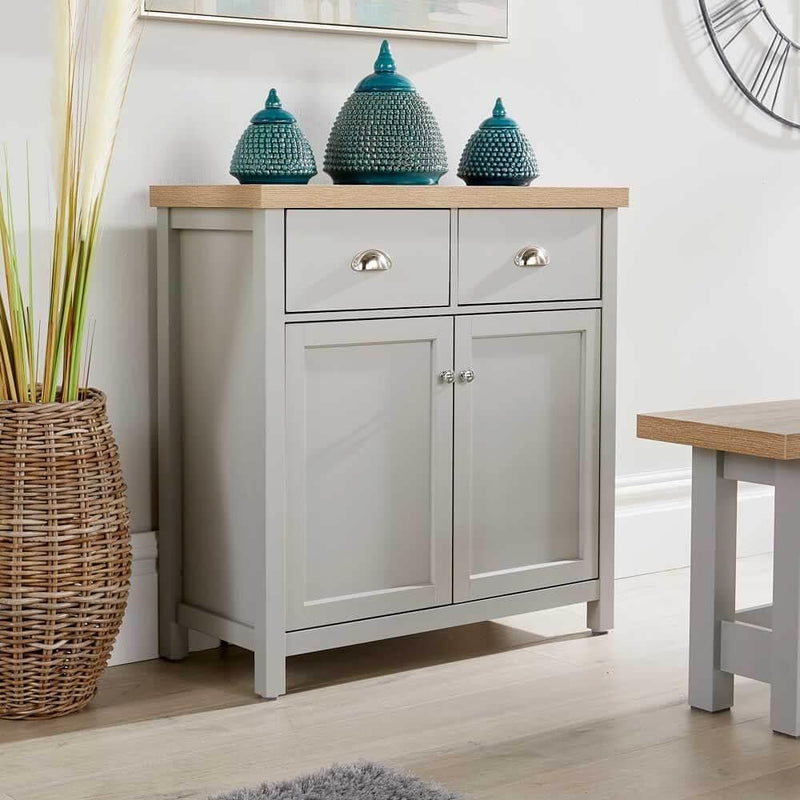 Home Source 2 Door 2 Drawer Sideboard Storage Cupboard with Shelf and Metal Handles, Oak Effect, Grey