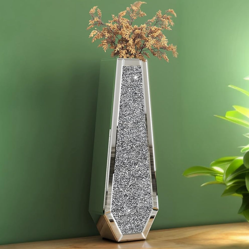 SHYFOY Large Tall Floor Vase, 76cm Indoor Modern Tall Vases Silver with Crystal Diamond and Mirror Design for Living Room Floor Decoration, Black