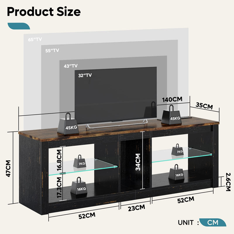 Bestier TV Stand Cabinet 140CM Entertainment Center Led Tv Stand Modern TV Unit with Glass Shelf RGB LED Lighted for 55 inch TVs with Ambient Lights for Living Room Bedroom (Rustic Brown)