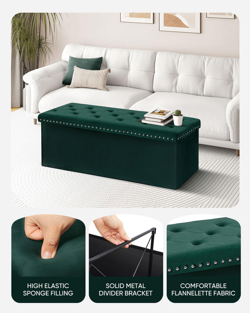 Bonlife Velvet Ottoman with Storage, Extra Large Storage Boxes with Lids, Folding Ottoman Bench Seat, Footstool for Living Room,110X40X40cm