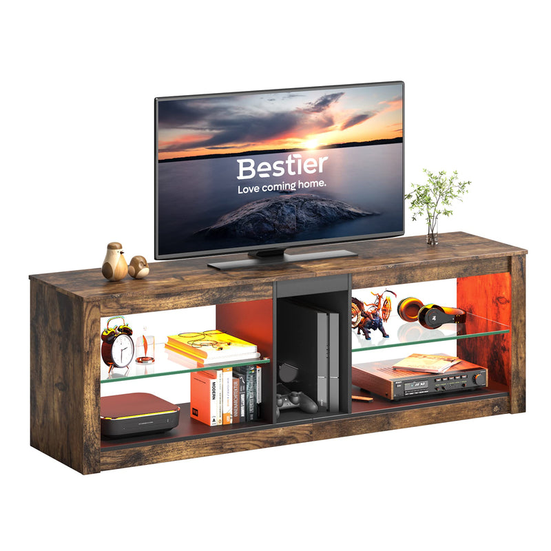 Bestier TV Stand Cabinet 140CM Entertainment Center Led Tv Stand Modern TV Unit with Glass Shelf RGB LED Lighted for 55 inch TVs with Ambient Lights for Living Room Bedroom (Rustic Brown)