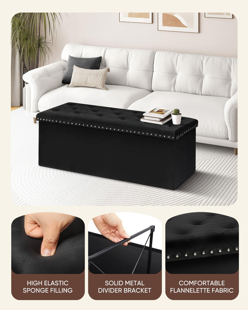 Bonlife Velvet Ottoman with Storage, Extra Large Storage Boxes with Lids, Folding Ottoman Bench Seat, Footstool for Living Room,110X40X40cm