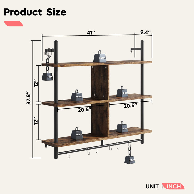 Bestier 3 Tier Floating Pipe Shelving 105.5CM Industrial Wall Mounted Ladder Shelf Hanging with Circular Tube with Hooks Wood Display Storage Home Decor Book Shelves