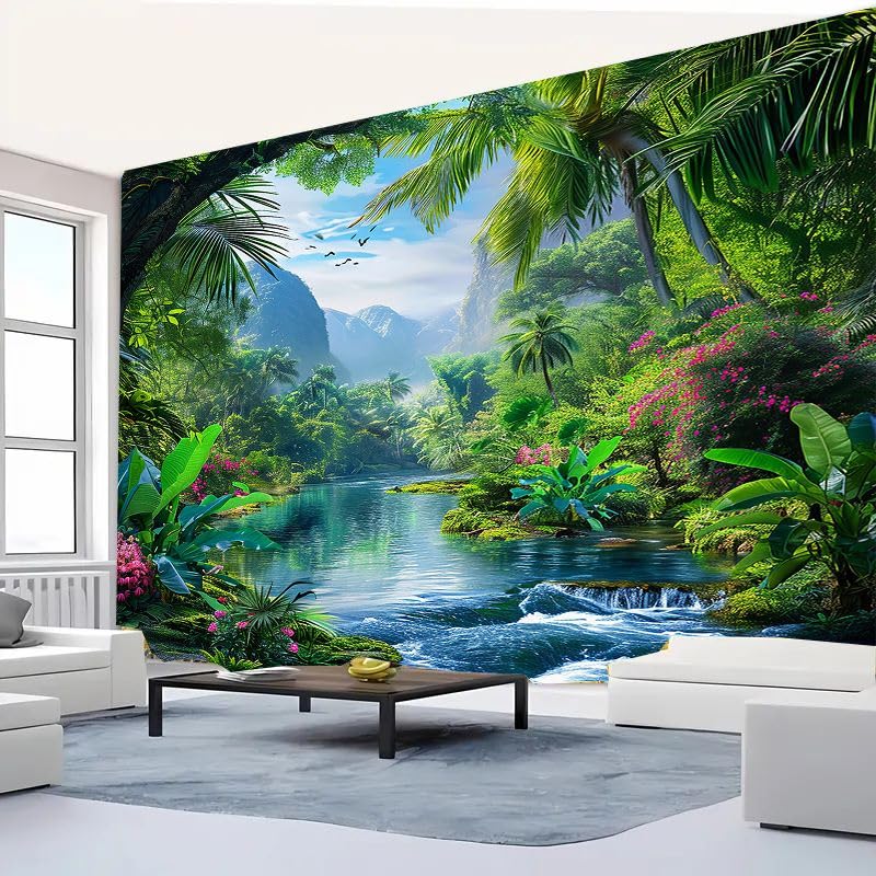 FENDROM Nature Flora Tapestry King Size background, Blue Sky White Cloud Village Small Town by European Pastoral Scenery, Wall Hanging for Bedroom Living room