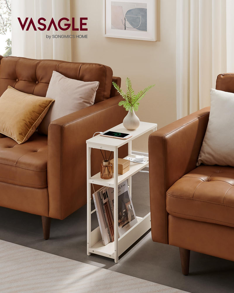 VASAGLE Slim Side Table with Charging Station, 3-Tier Narrow Bedside Table, End Table for Small Spaces, Magazine Rack, for Living Room, Bedroom, Study, Rustic Brown and Ink Black LET335K03